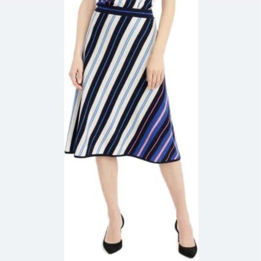 J.Crew Knit Midi Skirt A-Line Diagonal Stripe Merino Wool Lined Blue Pink Large